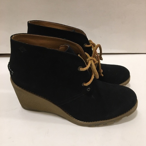 Sperry Top Sider Harlow Black Suede Wedge Booties - Picture 1 of 14